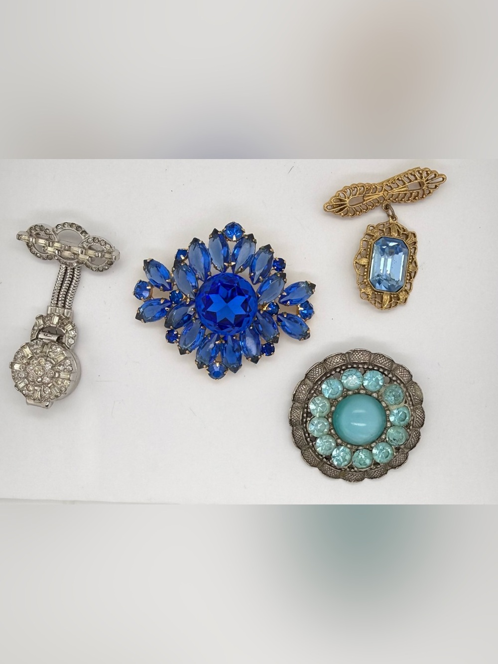Vintage Antique Chunky Brooch Pin lot Kent Swiss Watch Dangle Fob Czech Glass
